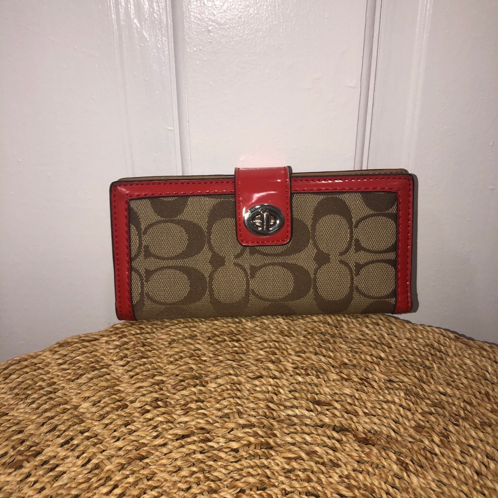 Coach Signature Canvas Wallet with Red Trim